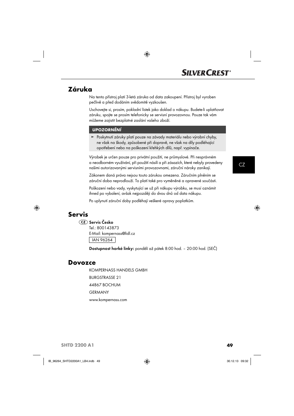 Záruka, Servis, Dovozce | Silvercrest SHTD 2200 A1 User Manual | Page 52 / 74