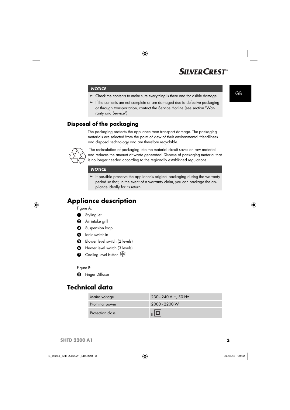 Appliance description, Technical data, Disposal of the packaging | Silvercrest SHTD 2200 A1 User Manual | Page 6 / 74