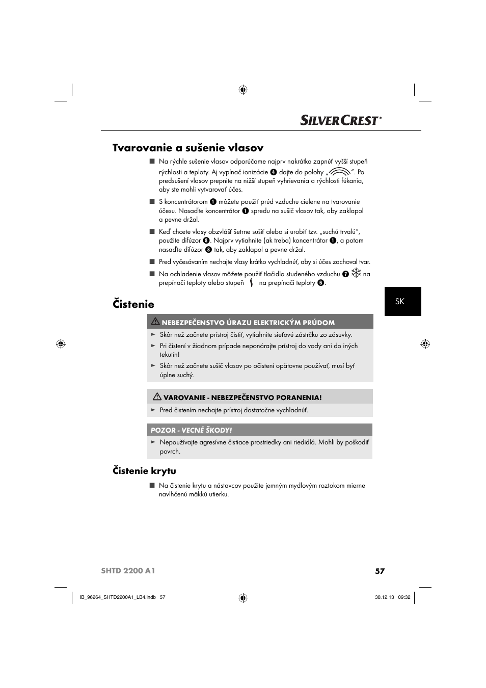 Tvarovanie a sušenie vlasov, Čistenie, Čistenie krytu | Silvercrest SHTD 2200 A1 User Manual | Page 60 / 74