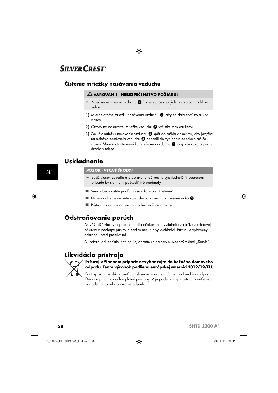 Uskladnenie, Odstraňovanie porúch, Likvidácia prístroja | Čistenie mriežky nasávania vzduchu | Silvercrest SHTD 2200 A1 User Manual | Page 61 / 74