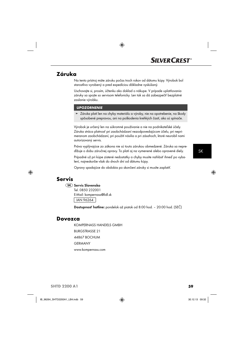 Záruka, Servis, Dovozca | Silvercrest SHTD 2200 A1 User Manual | Page 62 / 74