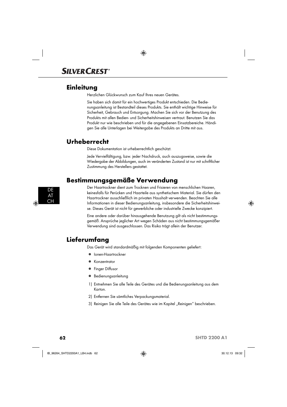 Einleitung, Urheberrecht, Bestimmungsgemäße verwendung | Lieferumfang, De at ch | Silvercrest SHTD 2200 A1 User Manual | Page 65 / 74