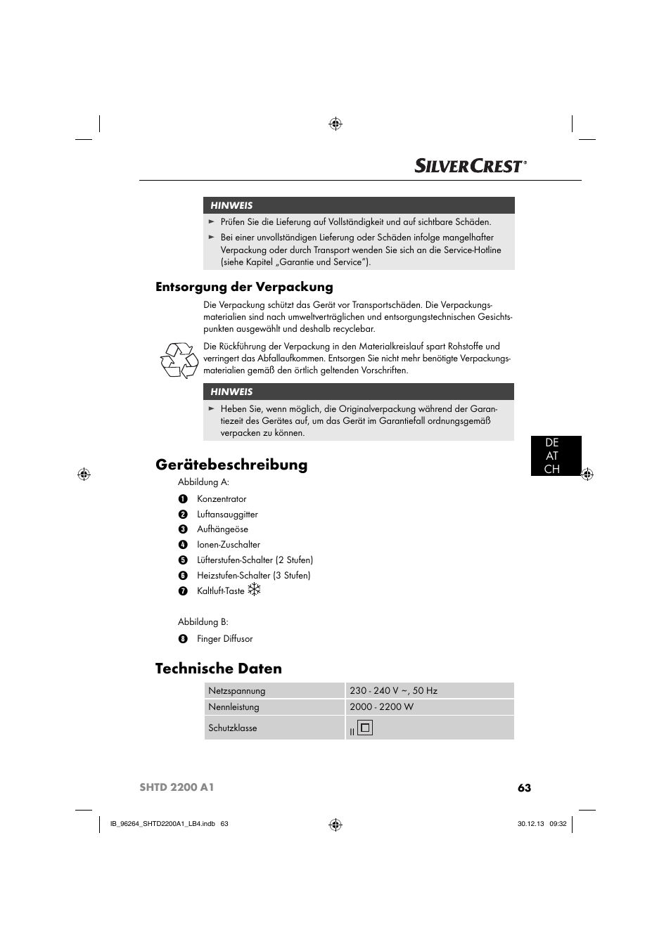 Gerätebeschreibung, Technische daten, Entsorgung der verpackung | De at ch | Silvercrest SHTD 2200 A1 User Manual | Page 66 / 74