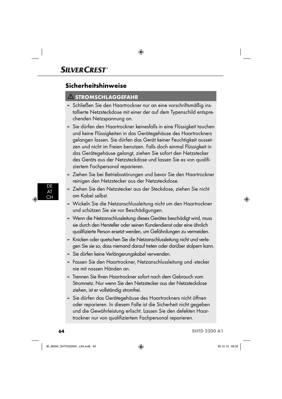 Sicherheitshinweise, Stromschlaggefahr, Sie dürfen keine verlängerungskabel verwenden | Silvercrest SHTD 2200 A1 User Manual | Page 67 / 74