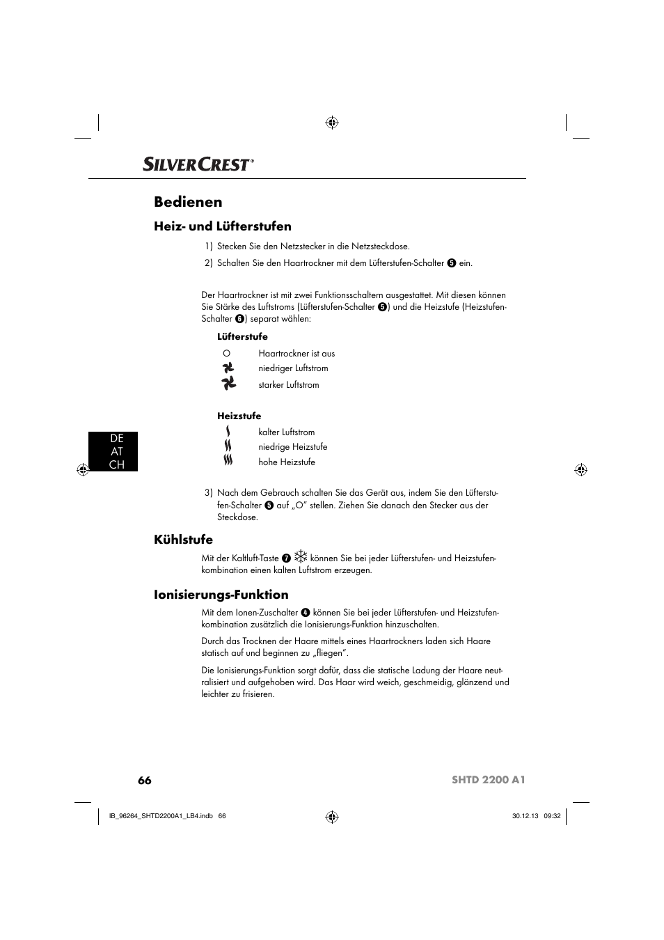 Bedienen, Heiz- und lüfterstufen, Kühlstufe | Ionisierungs-funktion, De at ch | Silvercrest SHTD 2200 A1 User Manual | Page 69 / 74