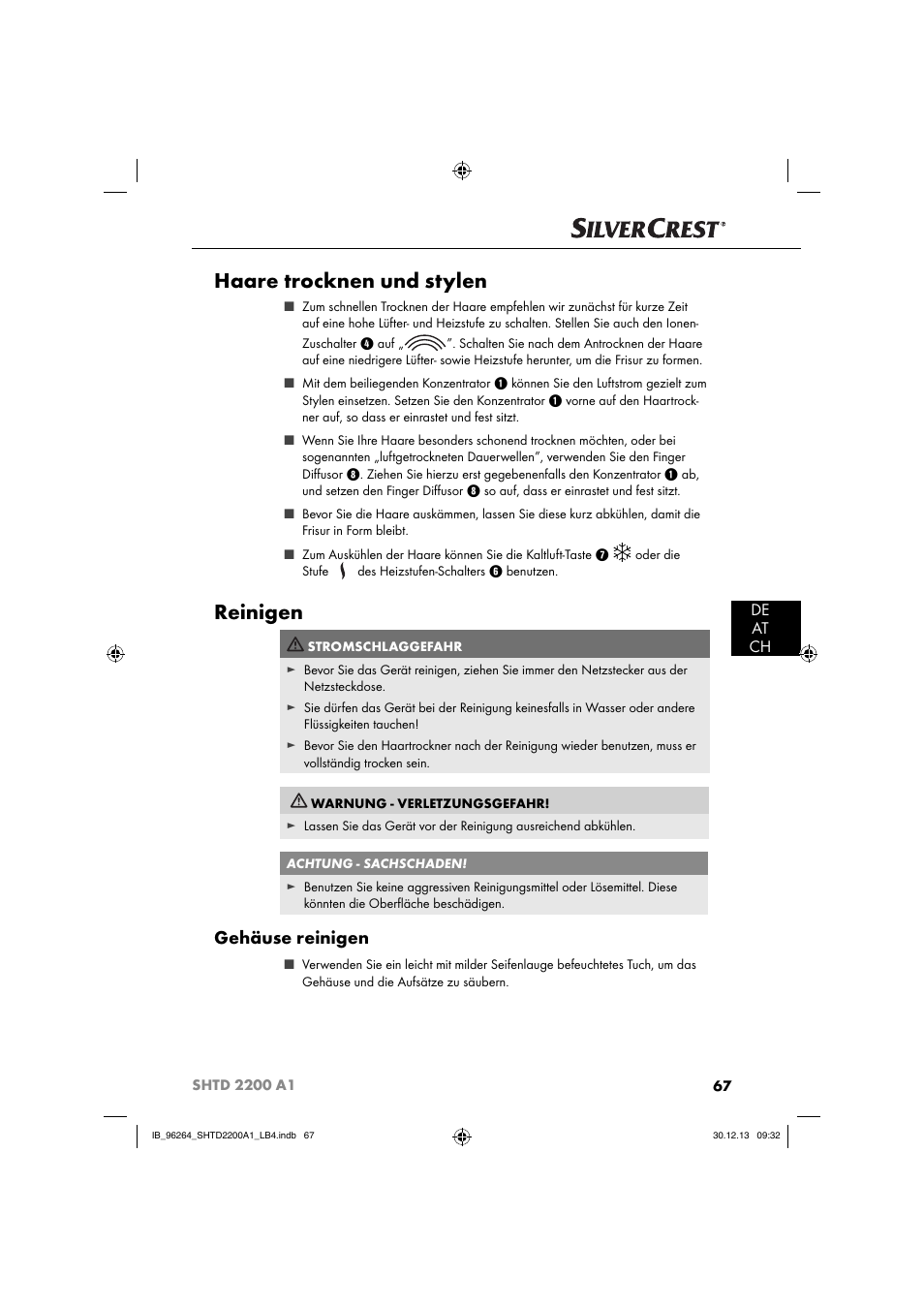 Haare trocknen und stylen, Reinigen, Gehäuse reinigen | De at ch | Silvercrest SHTD 2200 A1 User Manual | Page 70 / 74