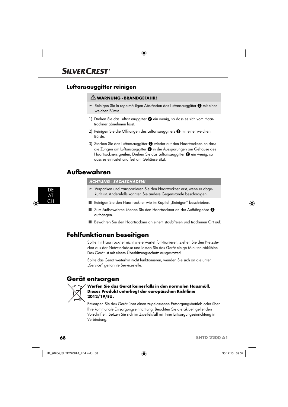 Aufbewahren, Fehlfunktionen beseitigen, Gerät entsorgen | Luftansauggitter reinigen, De at ch | Silvercrest SHTD 2200 A1 User Manual | Page 71 / 74