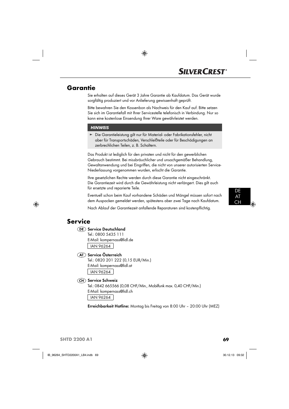 Garantie, Service, De at ch | Silvercrest SHTD 2200 A1 User Manual | Page 72 / 74
