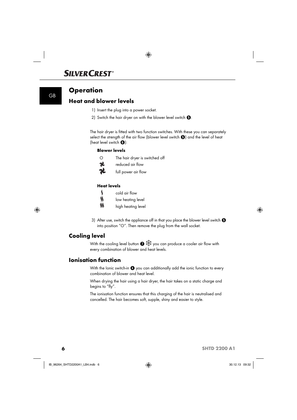 Operation, Heat and blower levels, Cooling level | Ionisation function | Silvercrest SHTD 2200 A1 User Manual | Page 9 / 74