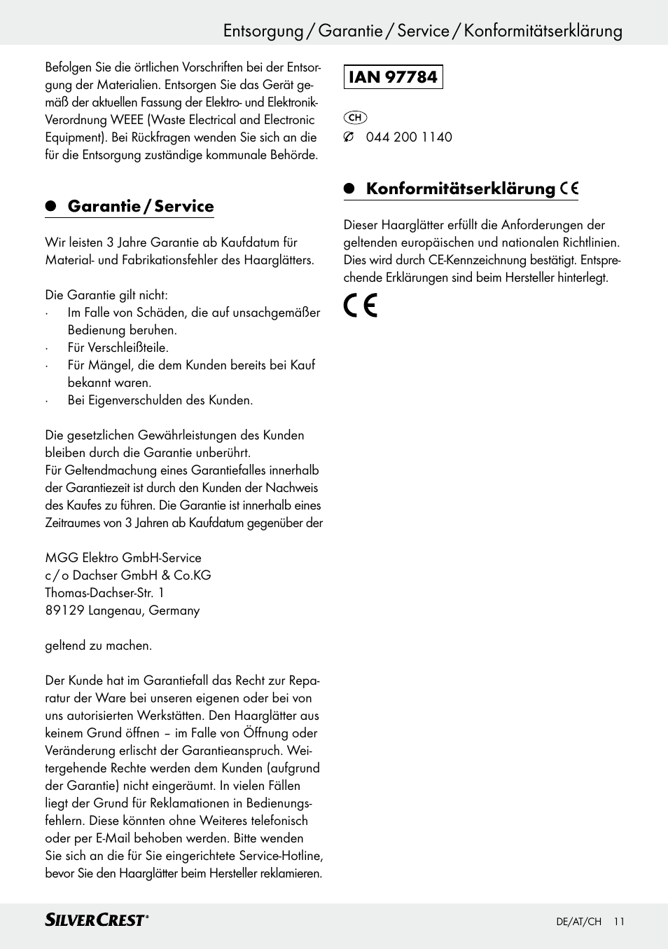 Garantie / service, Konformitätserklärung | Silvercrest SHG 35 A1 User Manual | Page 10 / 36