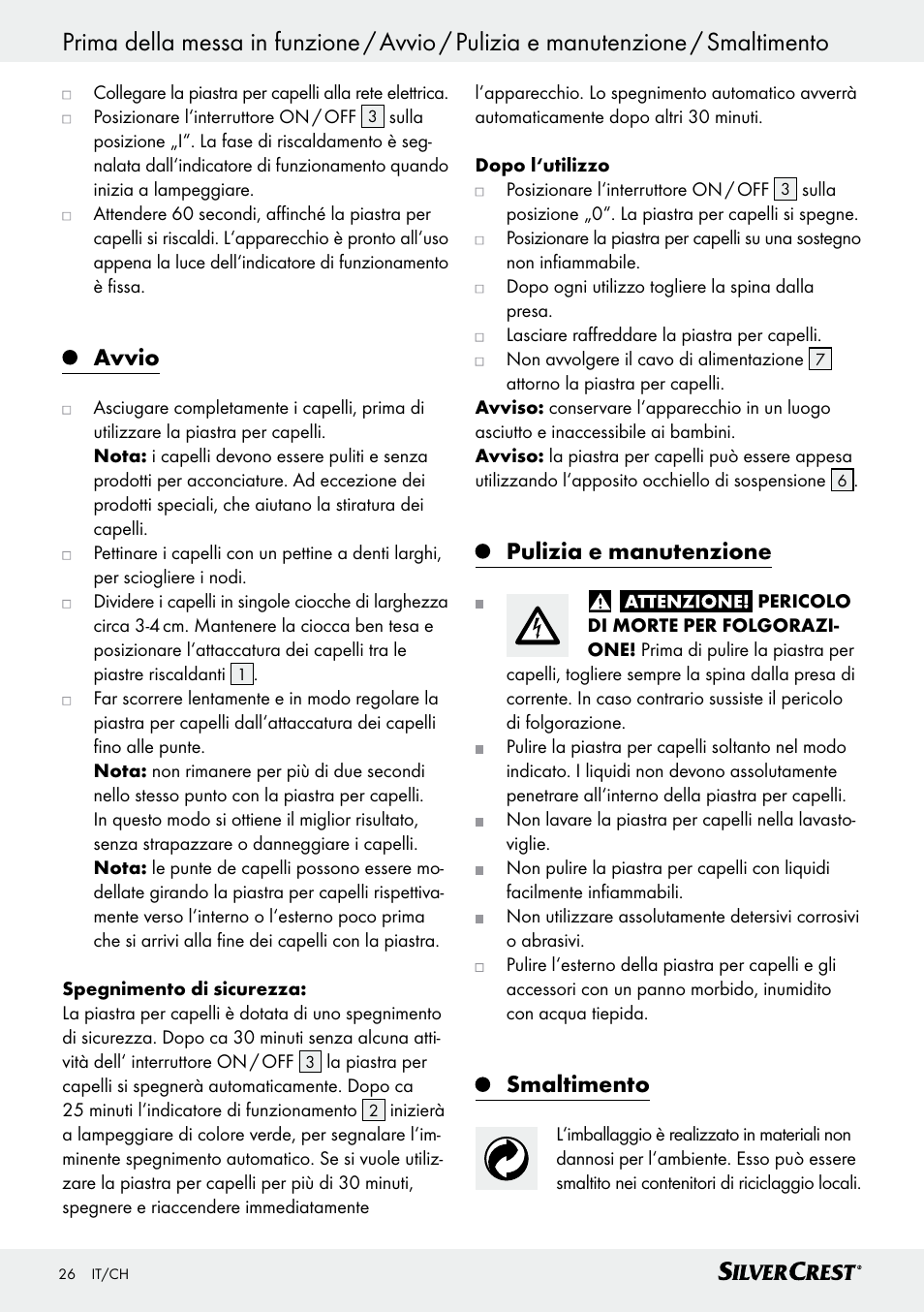 Avvio, Pulizia e manutenzione, Smaltimento | Silvercrest SHG 35 A1 User Manual | Page 25 / 36