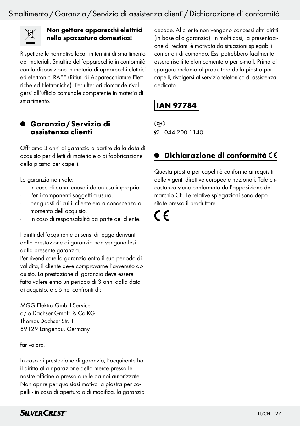 Garanzia / servizio di assistenza clienti, Dichiarazione di conformità | Silvercrest SHG 35 A1 User Manual | Page 26 / 36