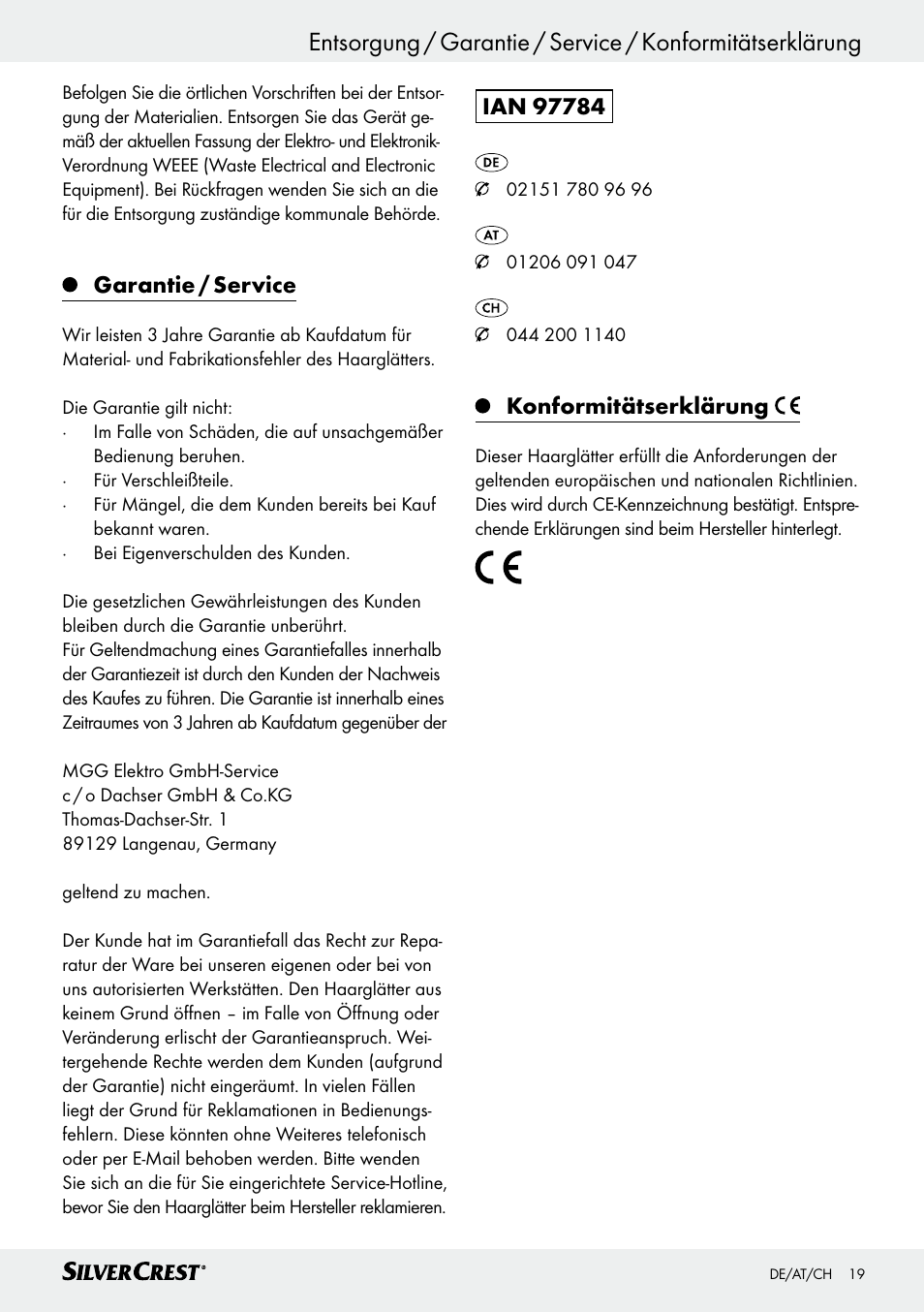 Garantie / service, Konformitätserklärung | Silvercrest SHG 35 A1 User Manual | Page 18 / 28