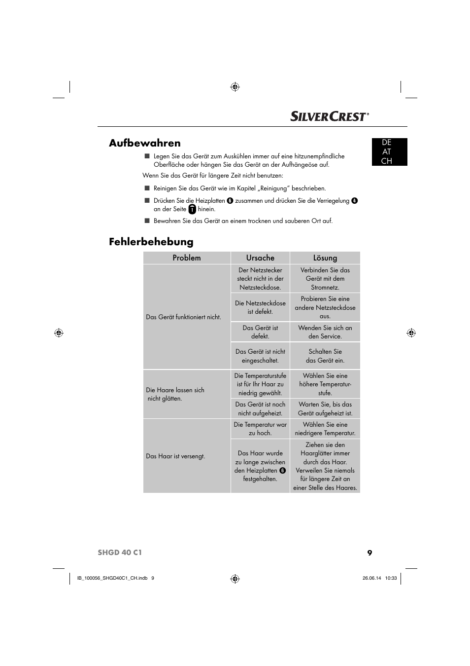 Aufbewahren, Fehlerbehebung, De at ch | Problem ursache lösung | Silvercrest SHGD 40 C1 User Manual | Page 12 / 51