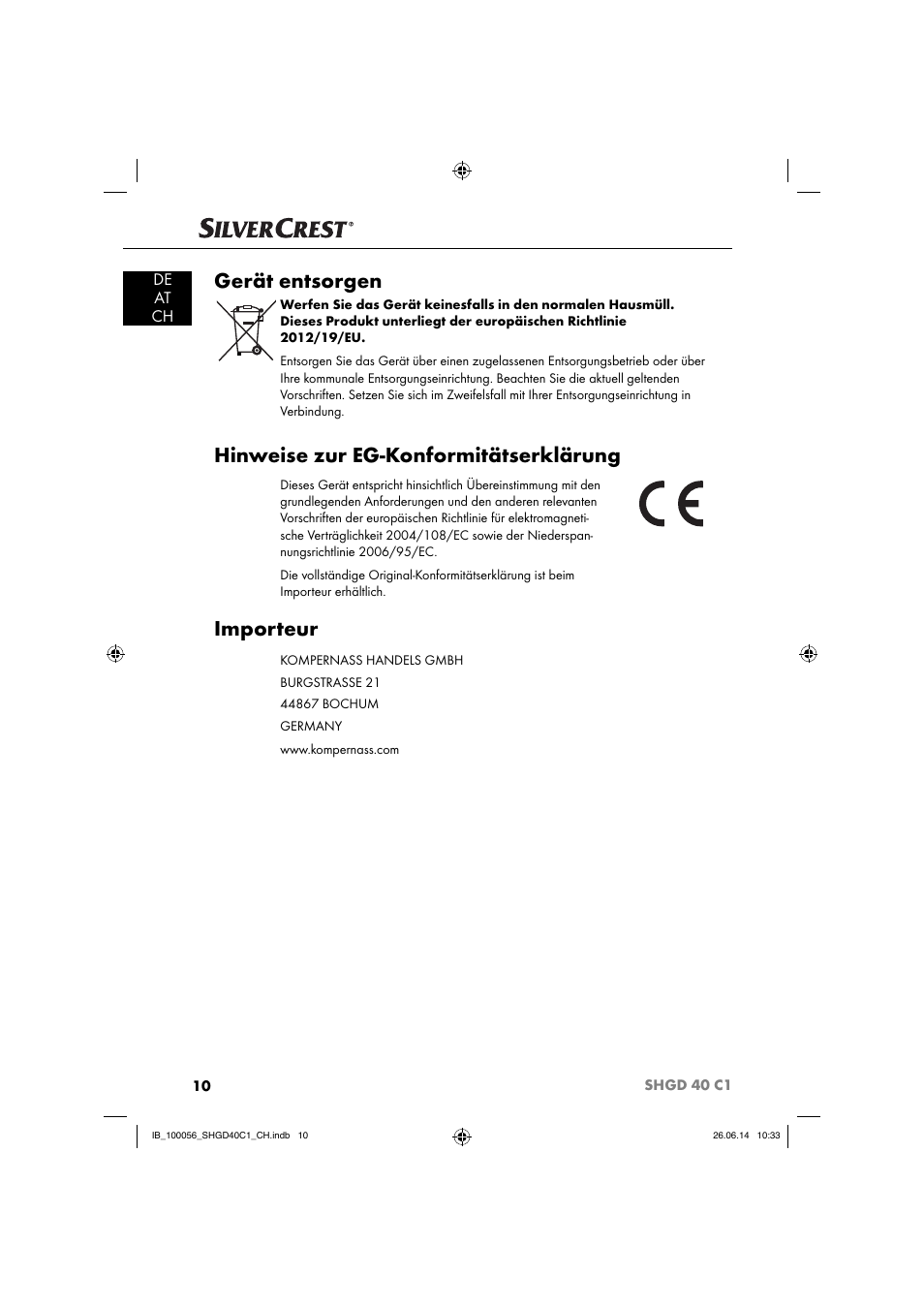 Gerät entsorgen, Hinweise zur eg-konformitätserklärung, Importeur | De at ch | Silvercrest SHGD 40 C1 User Manual | Page 13 / 51