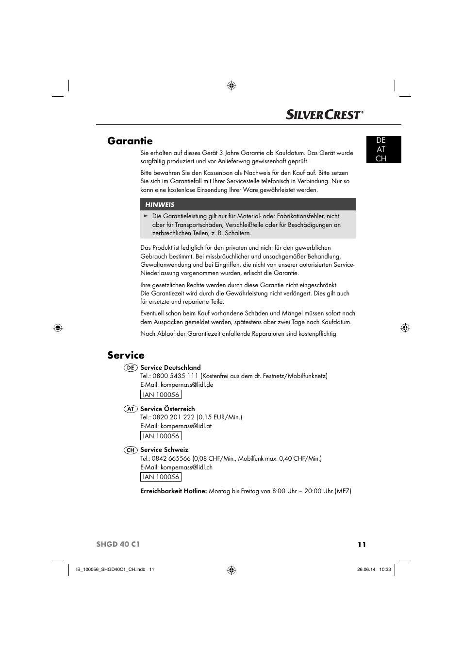 Garantie, Service, De at ch | Silvercrest SHGD 40 C1 User Manual | Page 14 / 51