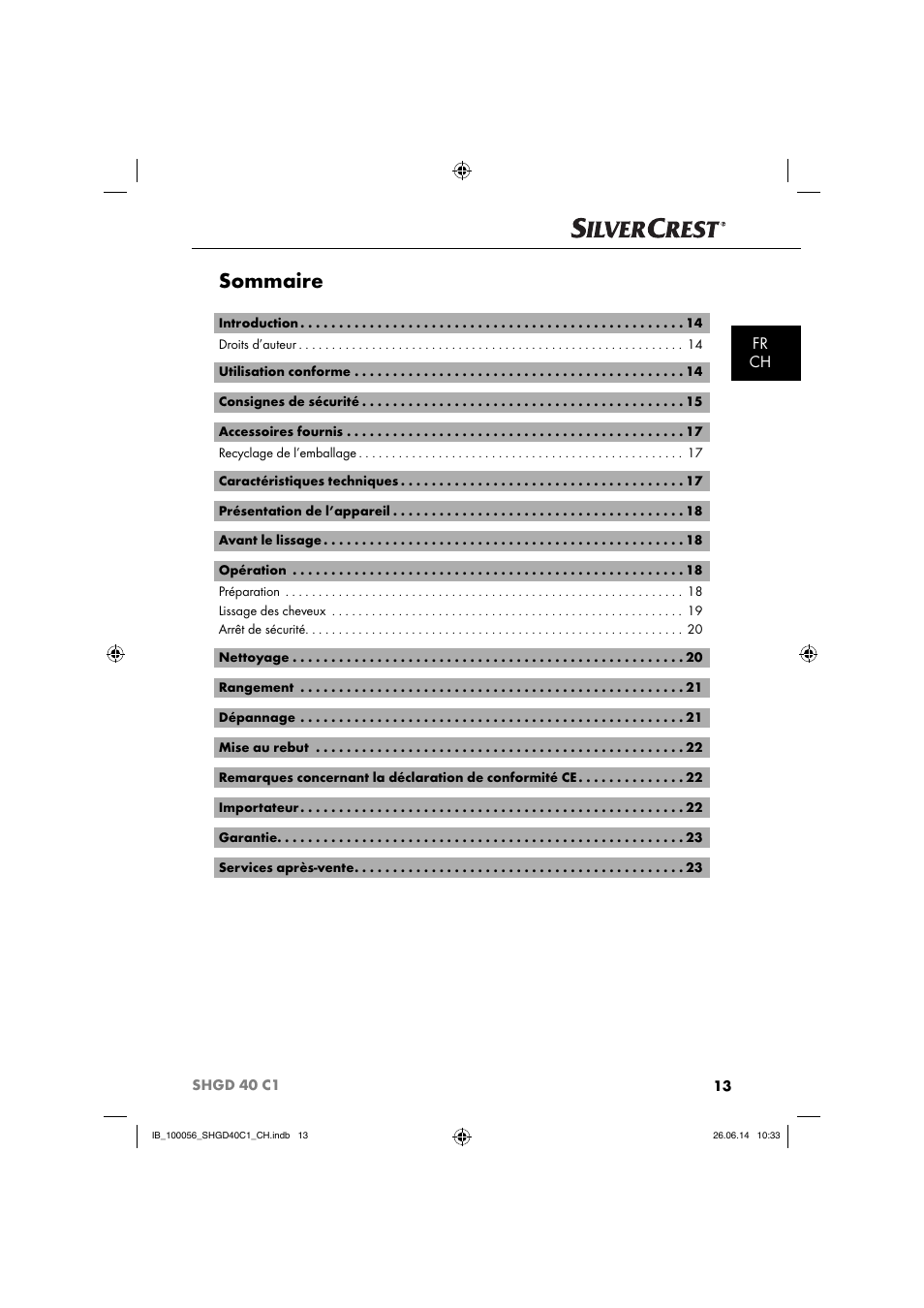 Sommaire, Fr ch | Silvercrest SHGD 40 C1 User Manual | Page 16 / 51