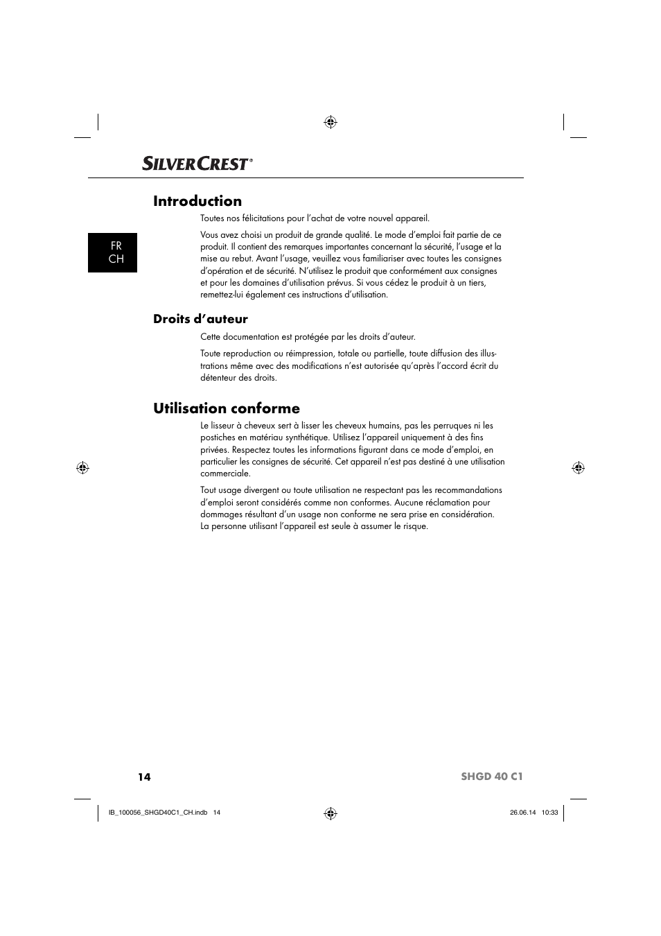 Introduction, Utilisation conforme, Droits d’auteur | Fr ch | Silvercrest SHGD 40 C1 User Manual | Page 17 / 51