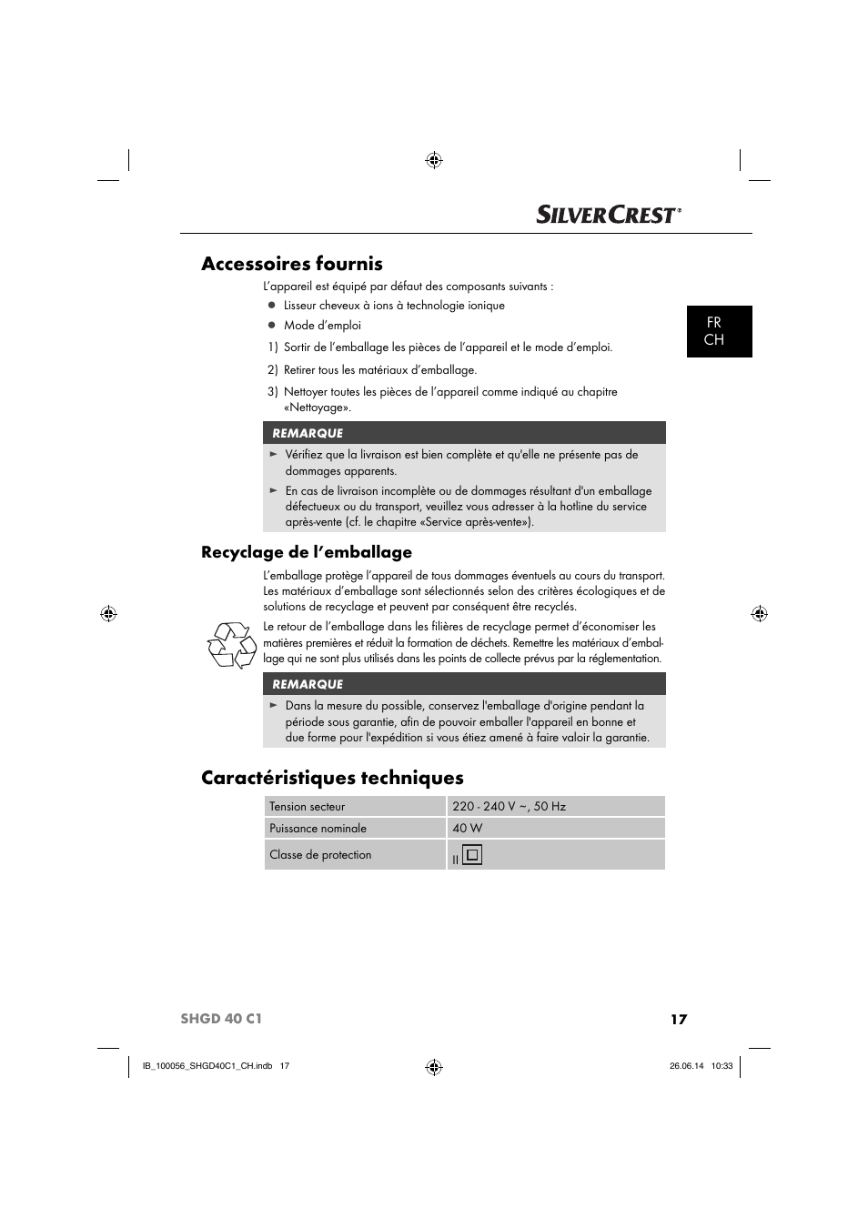 Accessoires fournis, Caractéristiques techniques, Recyclage de l’emballage | Fr ch | Silvercrest SHGD 40 C1 User Manual | Page 20 / 51