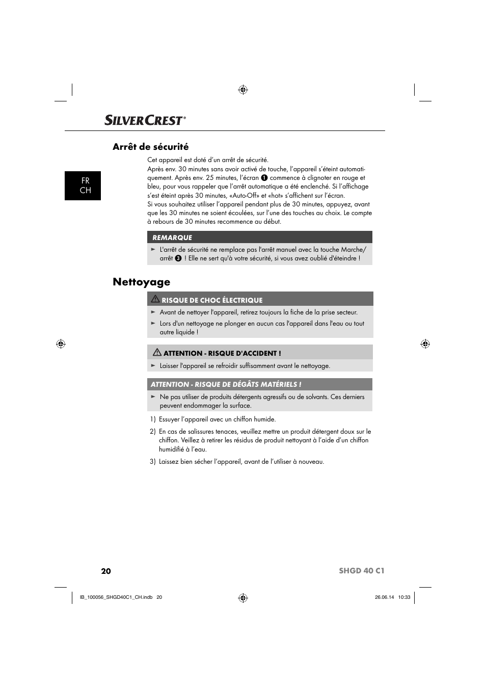 Nettoyage, Arrêt de sécurité, Fr ch | Silvercrest SHGD 40 C1 User Manual | Page 23 / 51