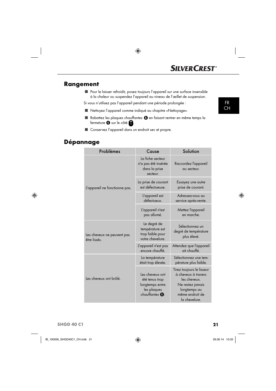 Rangement, Dépannage, Fr ch | Problèmes cause solution | Silvercrest SHGD 40 C1 User Manual | Page 24 / 51