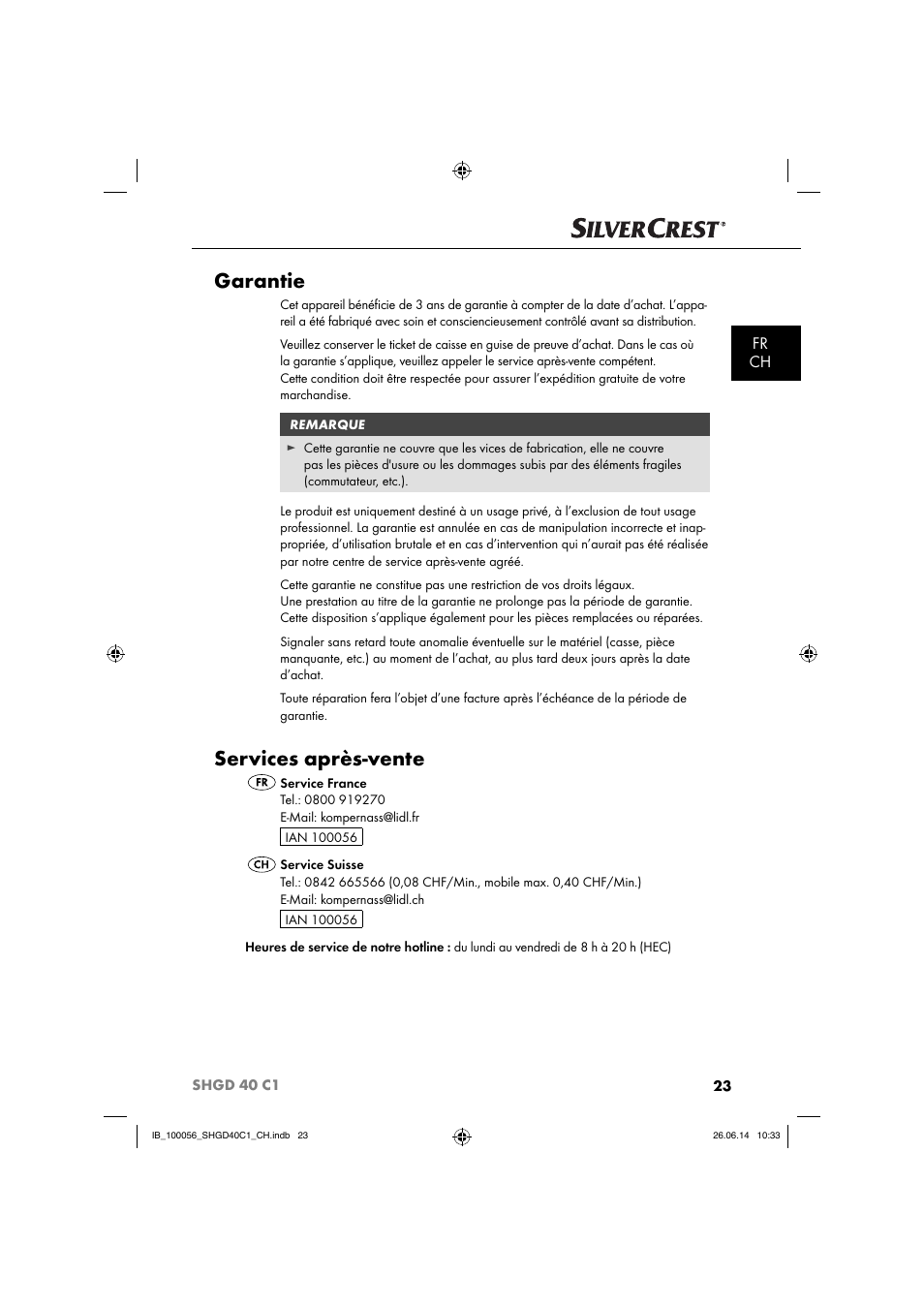 Garantie, Services après-vente, Fr ch | Silvercrest SHGD 40 C1 User Manual | Page 26 / 51