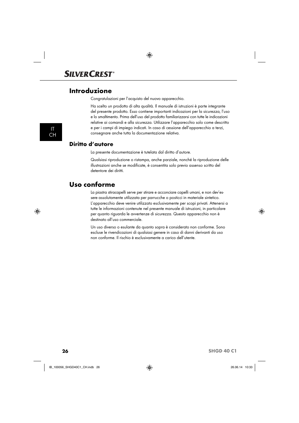 Introduzione, Uso conforme, Diritto d’autore | It ch | Silvercrest SHGD 40 C1 User Manual | Page 29 / 51
