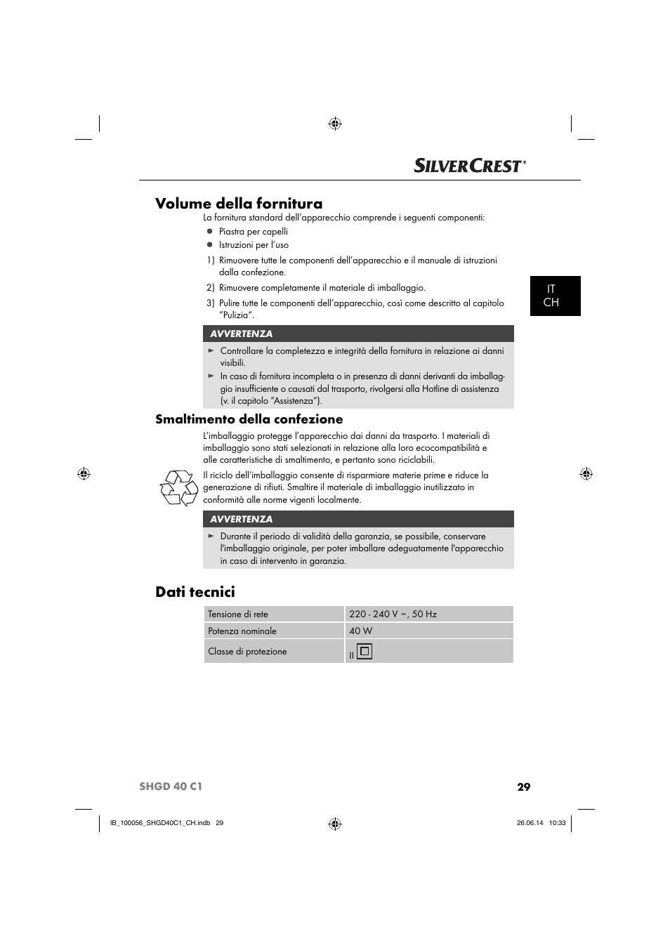 Volume della fornitura, Dati tecnici, Smaltimento della confezione | It ch | Silvercrest SHGD 40 C1 User Manual | Page 32 / 51