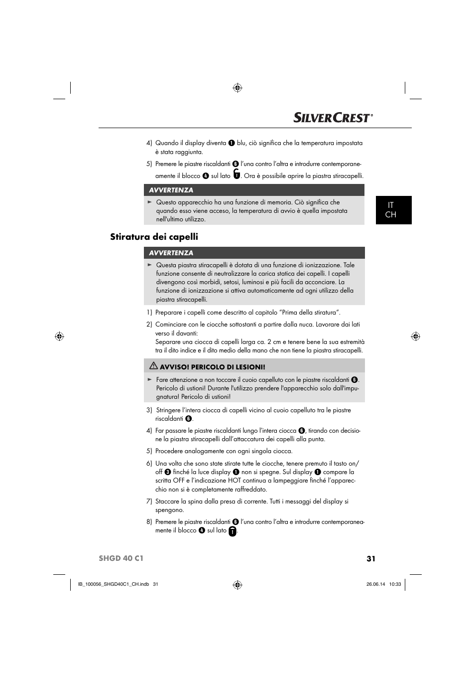 Stiratura dei capelli, It ch | Silvercrest SHGD 40 C1 User Manual | Page 34 / 51