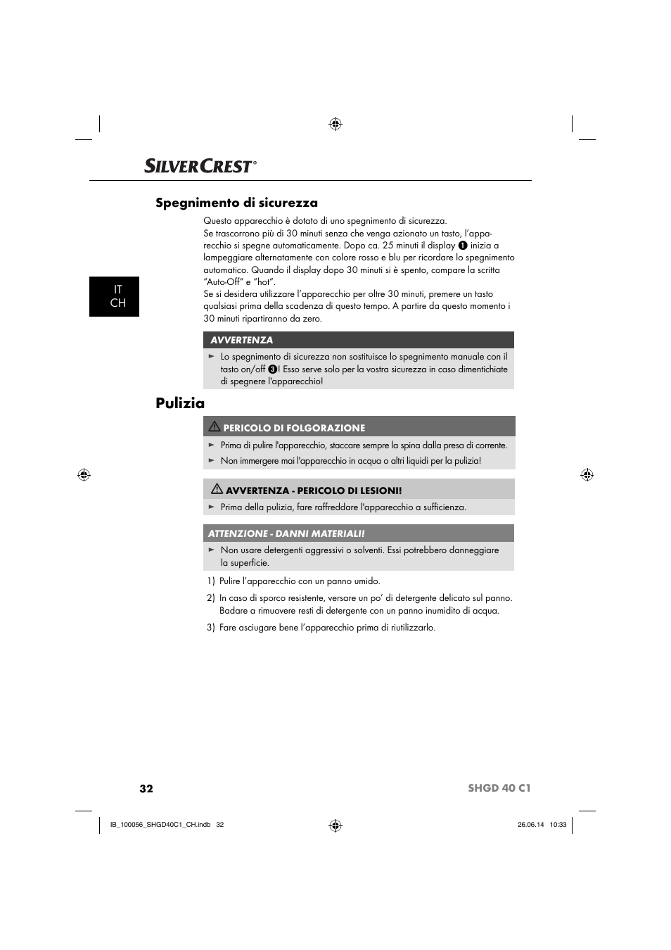 Pulizia, Spegnimento di sicurezza, It ch | Silvercrest SHGD 40 C1 User Manual | Page 35 / 51