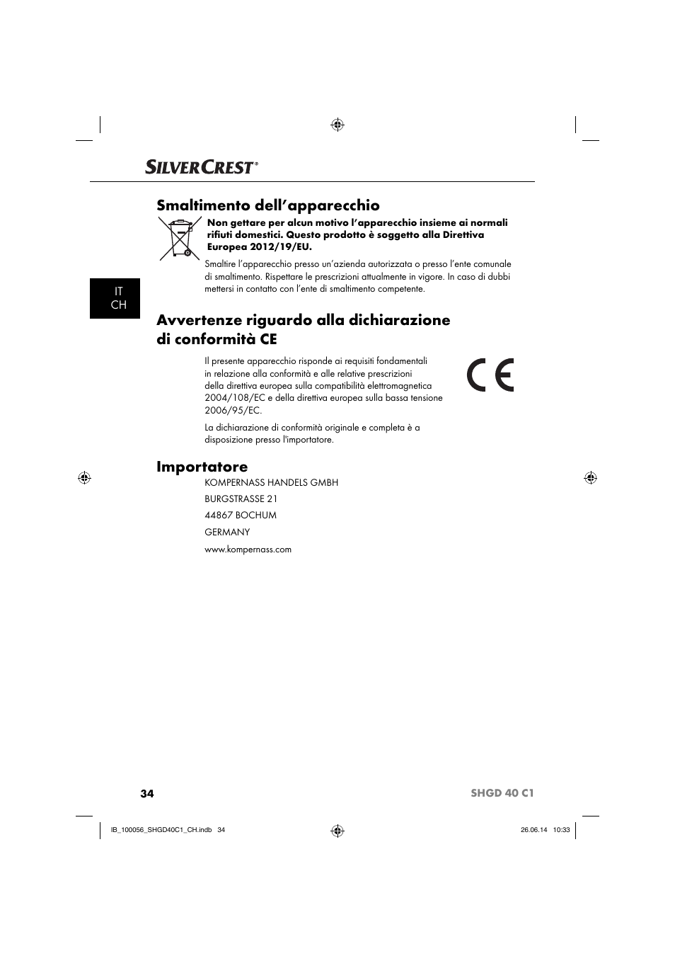 Smaltimento dell’apparecchio, Importatore, It ch | Silvercrest SHGD 40 C1 User Manual | Page 37 / 51