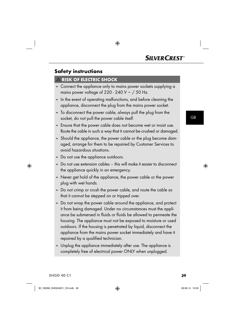 Safety instructions, Risk of electric shock, Do not use the appliance outdoors | Silvercrest SHGD 40 C1 User Manual | Page 42 / 51