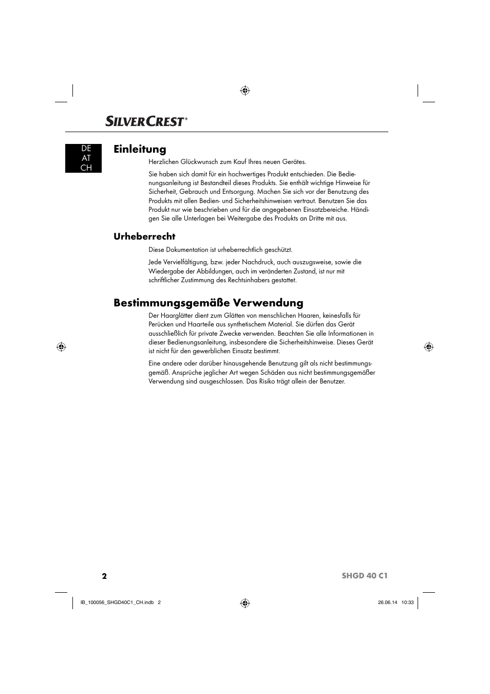 Einleitung, Bestimmungsgemäße verwendung, Urheberrecht | De at ch | Silvercrest SHGD 40 C1 User Manual | Page 5 / 51