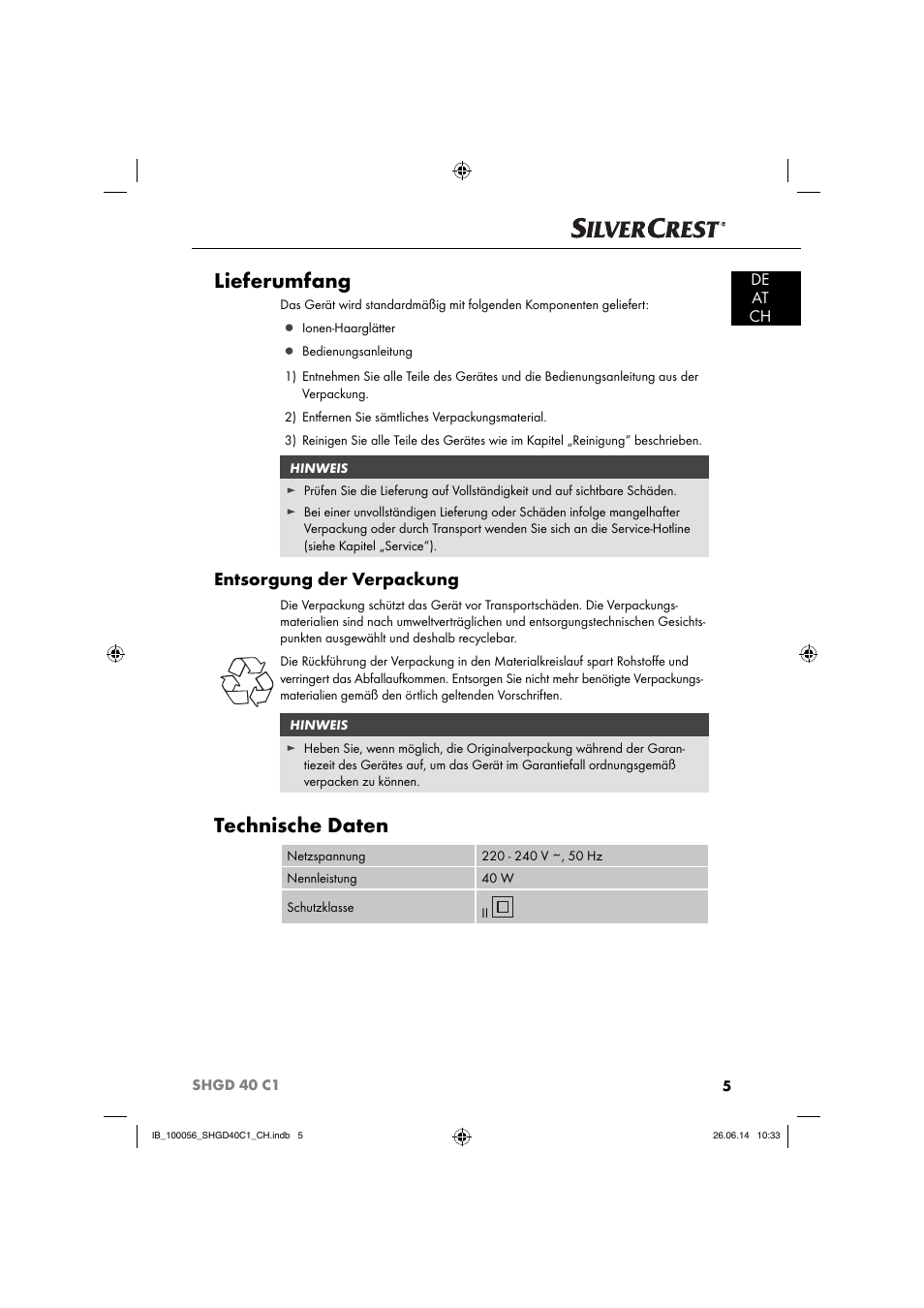 Lieferumfang, Technische daten, Entsorgung der verpackung | De at ch | Silvercrest SHGD 40 C1 User Manual | Page 8 / 51