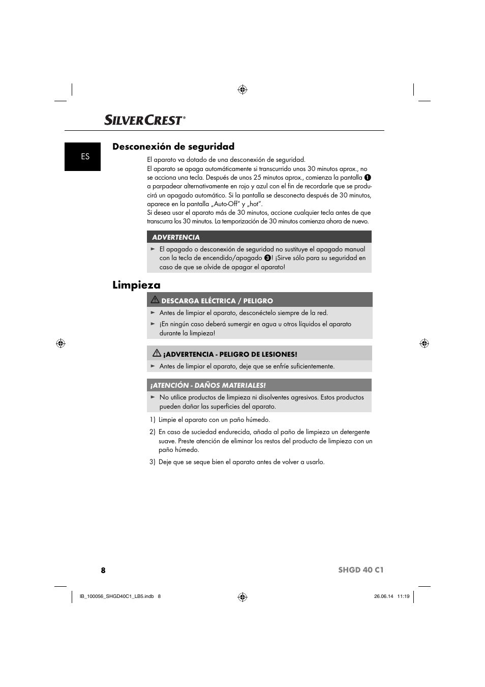 Limpieza, Desconexión de seguridad | Silvercrest SHGD 40 C1 User Manual | Page 11 / 63