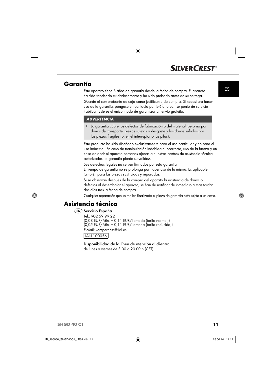 Garantía, Asistencia técnica | Silvercrest SHGD 40 C1 User Manual | Page 14 / 63