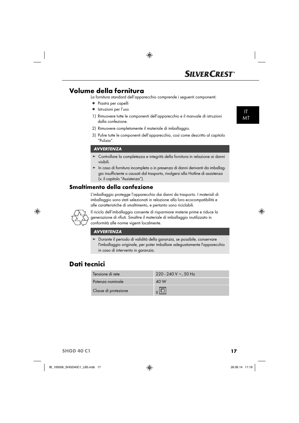 Volume della fornitura, Dati tecnici, Smaltimento della confezione | It mt | Silvercrest SHGD 40 C1 User Manual | Page 20 / 63