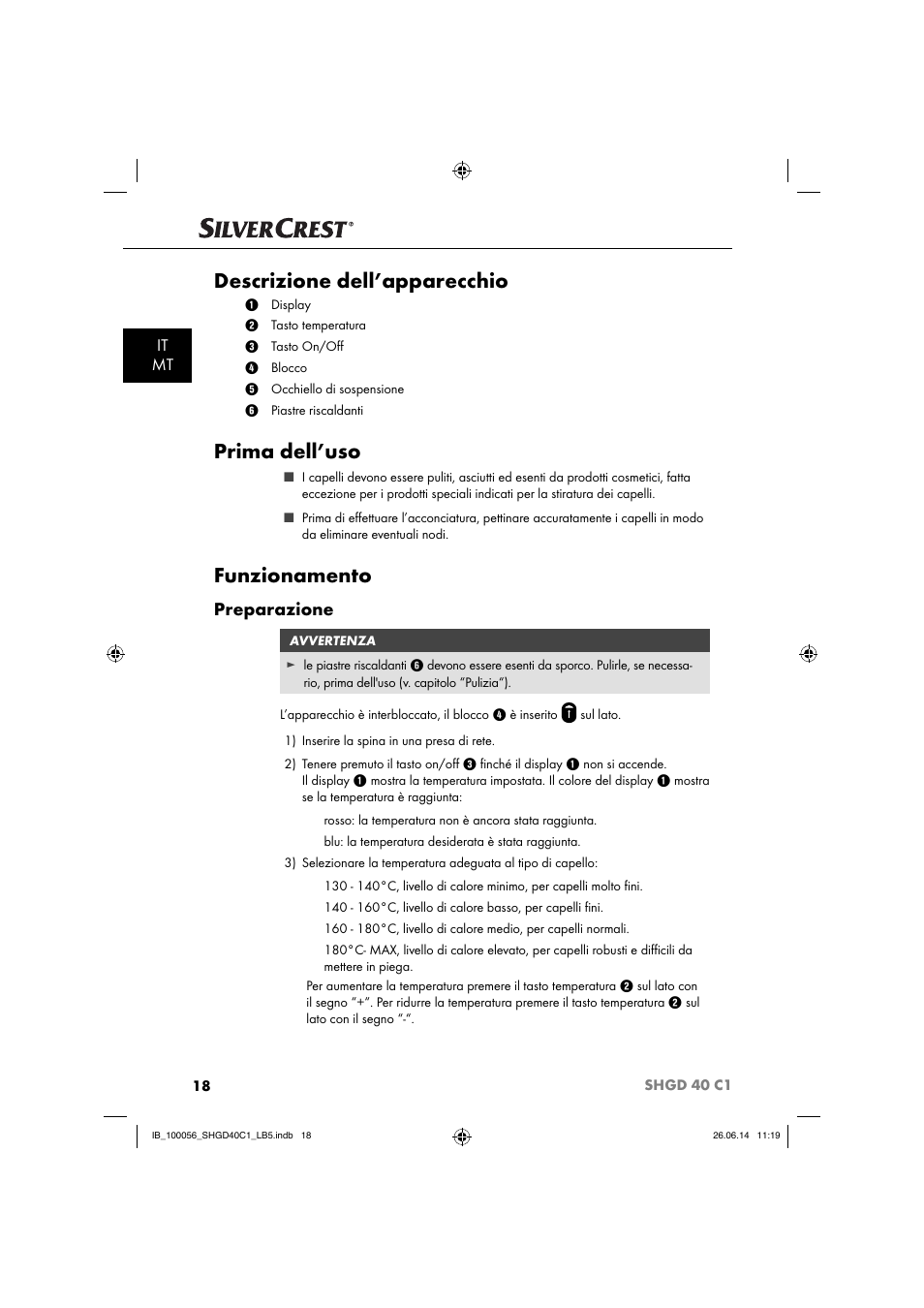 Descrizione dell’apparecchio, Prima dell’uso, Funzionamento | Preparazione, It mt | Silvercrest SHGD 40 C1 User Manual | Page 21 / 63