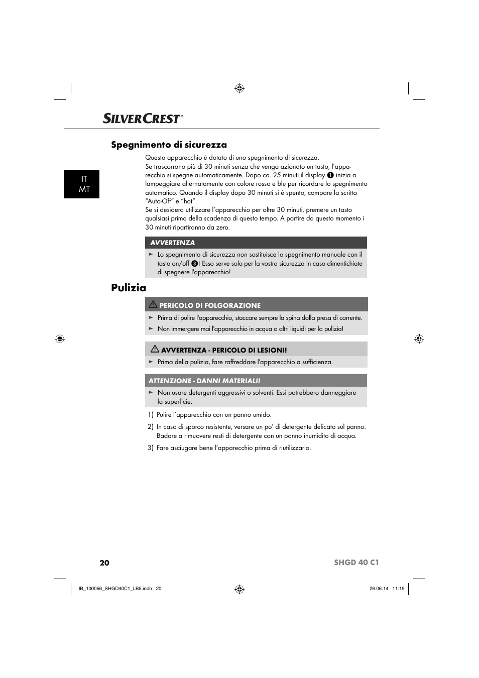 Pulizia, Spegnimento di sicurezza, It mt | Silvercrest SHGD 40 C1 User Manual | Page 23 / 63