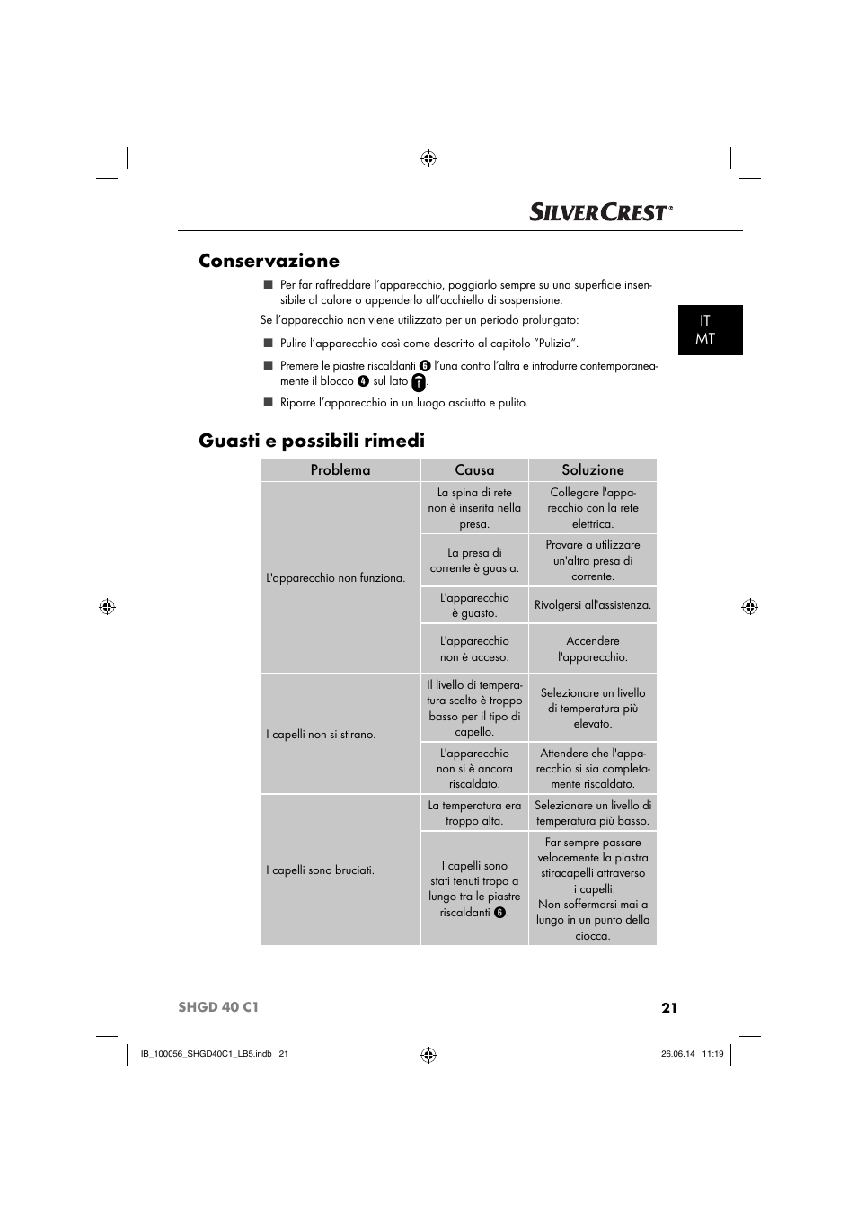 Conservazione, Guasti e possibili rimedi, It mt | Problema causa soluzione | Silvercrest SHGD 40 C1 User Manual | Page 24 / 63