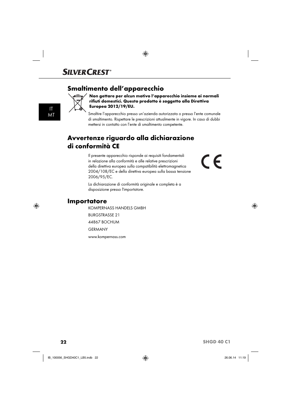 Smaltimento dell’apparecchio, Importatore, It mt | Silvercrest SHGD 40 C1 User Manual | Page 25 / 63