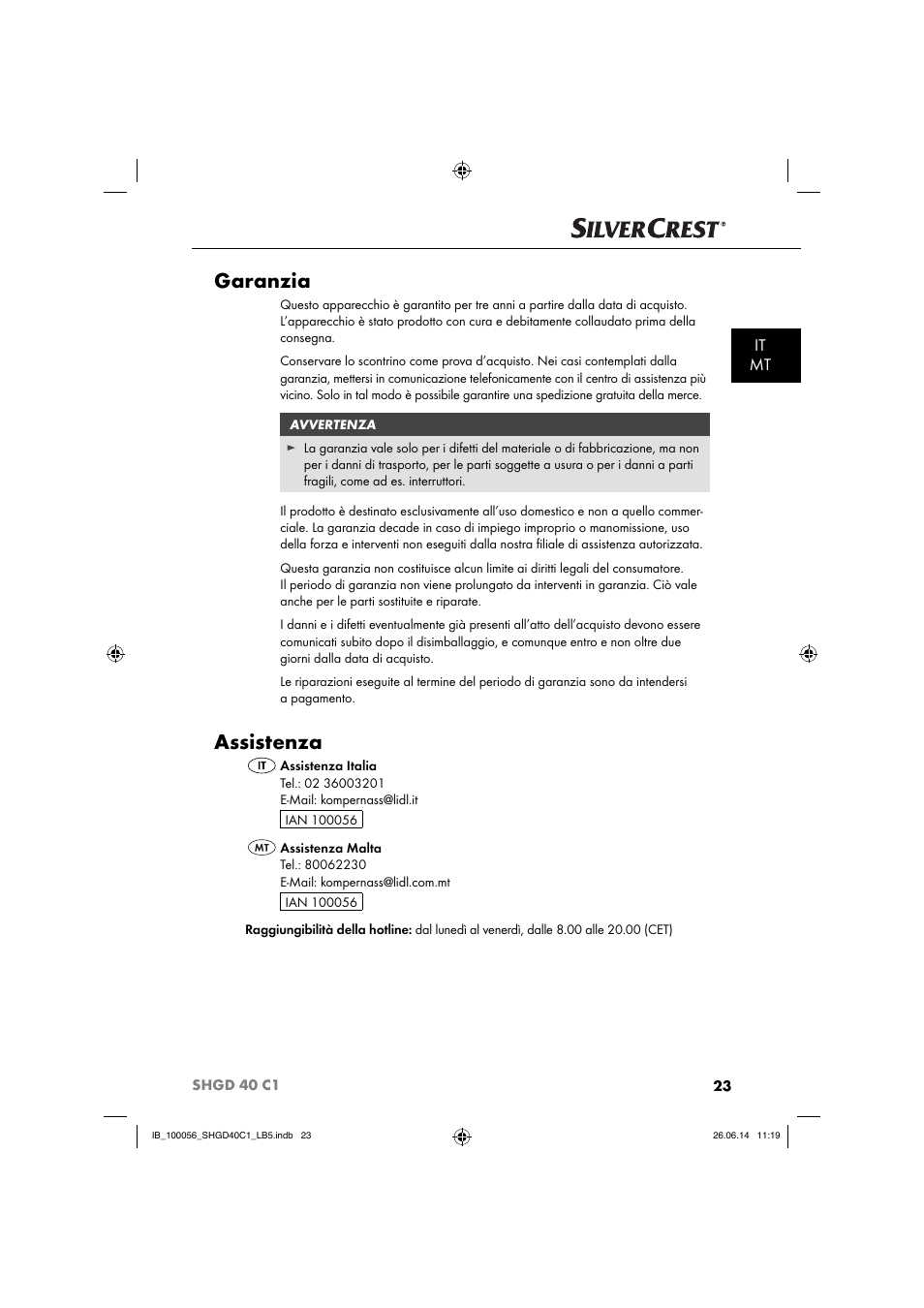 Garanzia, Assistenza, It mt | Silvercrest SHGD 40 C1 User Manual | Page 26 / 63