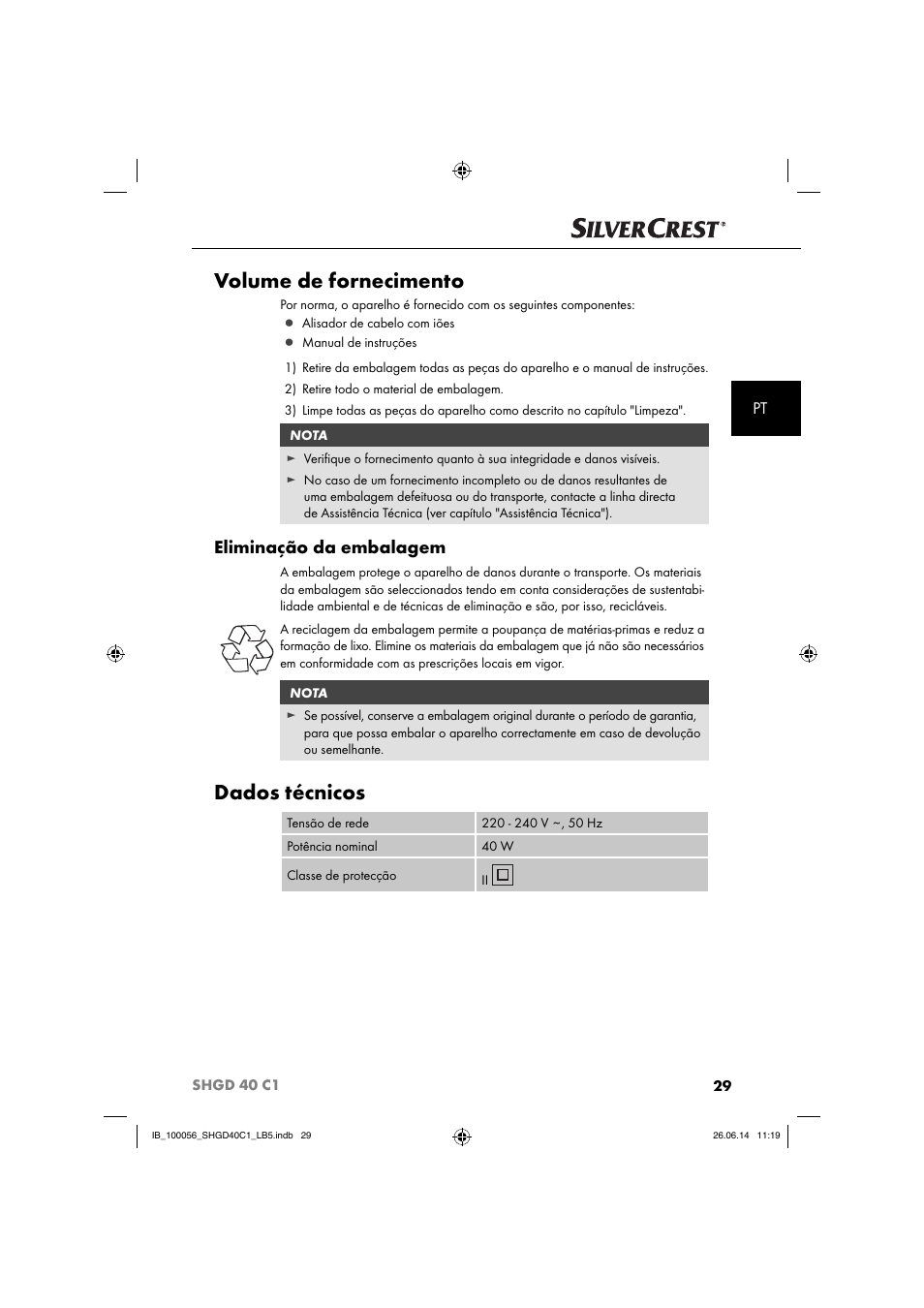 Volume de fornecimento, Dados técnicos, Eliminação da embalagem | Silvercrest SHGD 40 C1 User Manual | Page 32 / 63