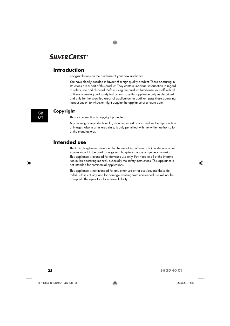 Introduction, Intended use, Copyright | Gb mt | Silvercrest SHGD 40 C1 User Manual | Page 41 / 63