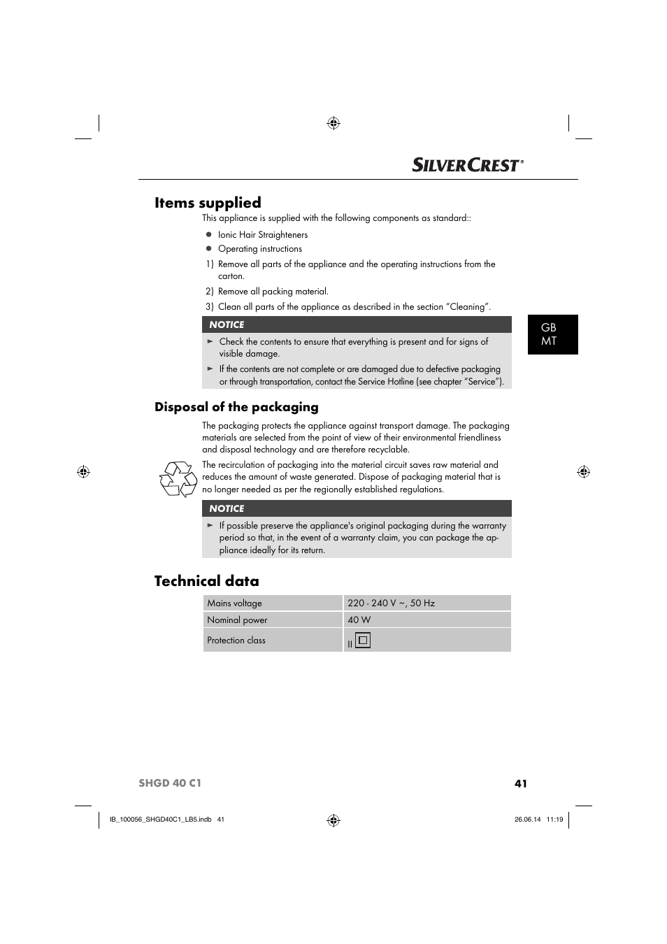 Items supplied, Technical data, Disposal of the packaging | Gb mt | Silvercrest SHGD 40 C1 User Manual | Page 44 / 63