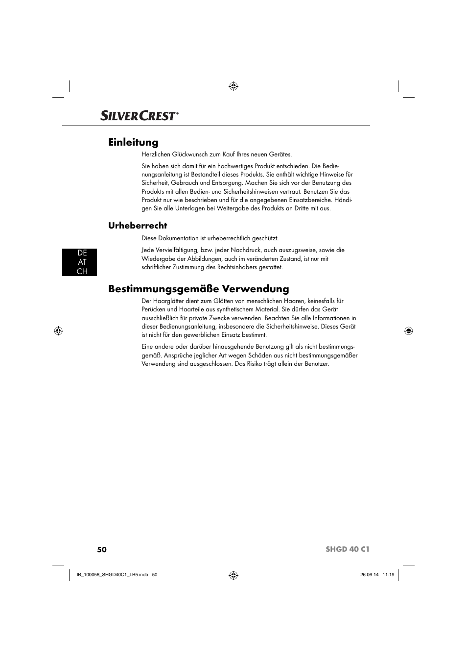 Einleitung, Bestimmungsgemäße verwendung, Urheberrecht | De at ch | Silvercrest SHGD 40 C1 User Manual | Page 53 / 63