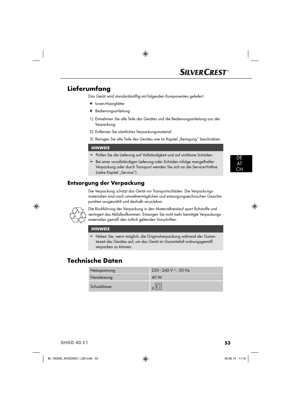 Lieferumfang, Technische daten, Entsorgung der verpackung | De at ch | Silvercrest SHGD 40 C1 User Manual | Page 56 / 63