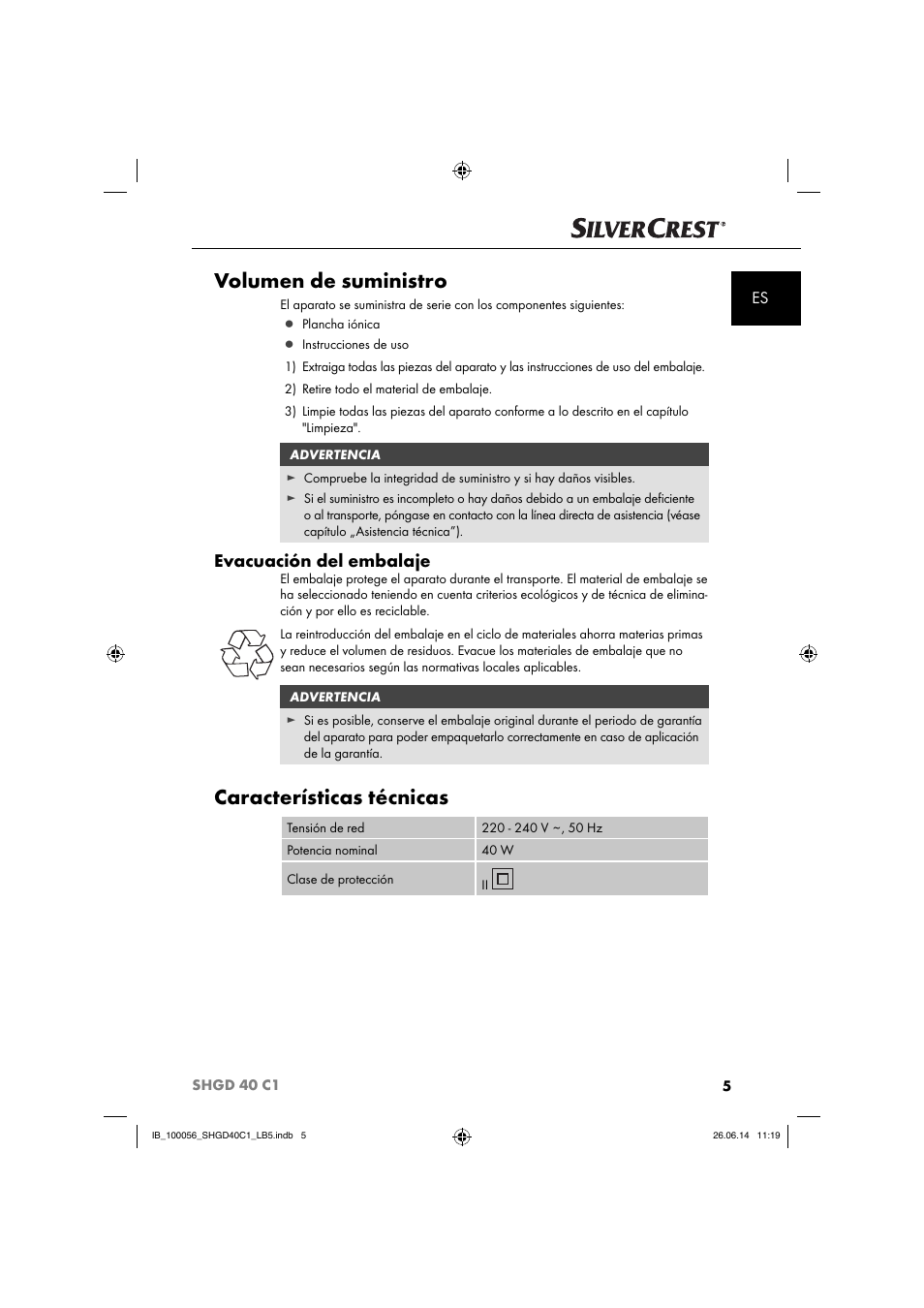 Volumen de suministro, Características técnicas, Evacuación del embalaje | Silvercrest SHGD 40 C1 User Manual | Page 8 / 63