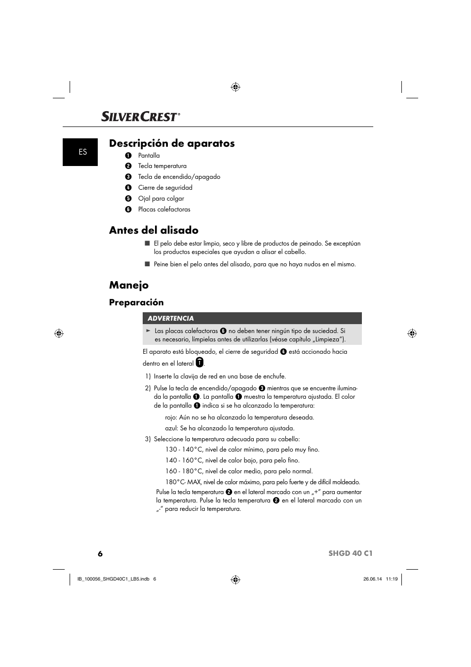 Descripción de aparatos, Antes del alisado, Manejo | Preparación | Silvercrest SHGD 40 C1 User Manual | Page 9 / 63