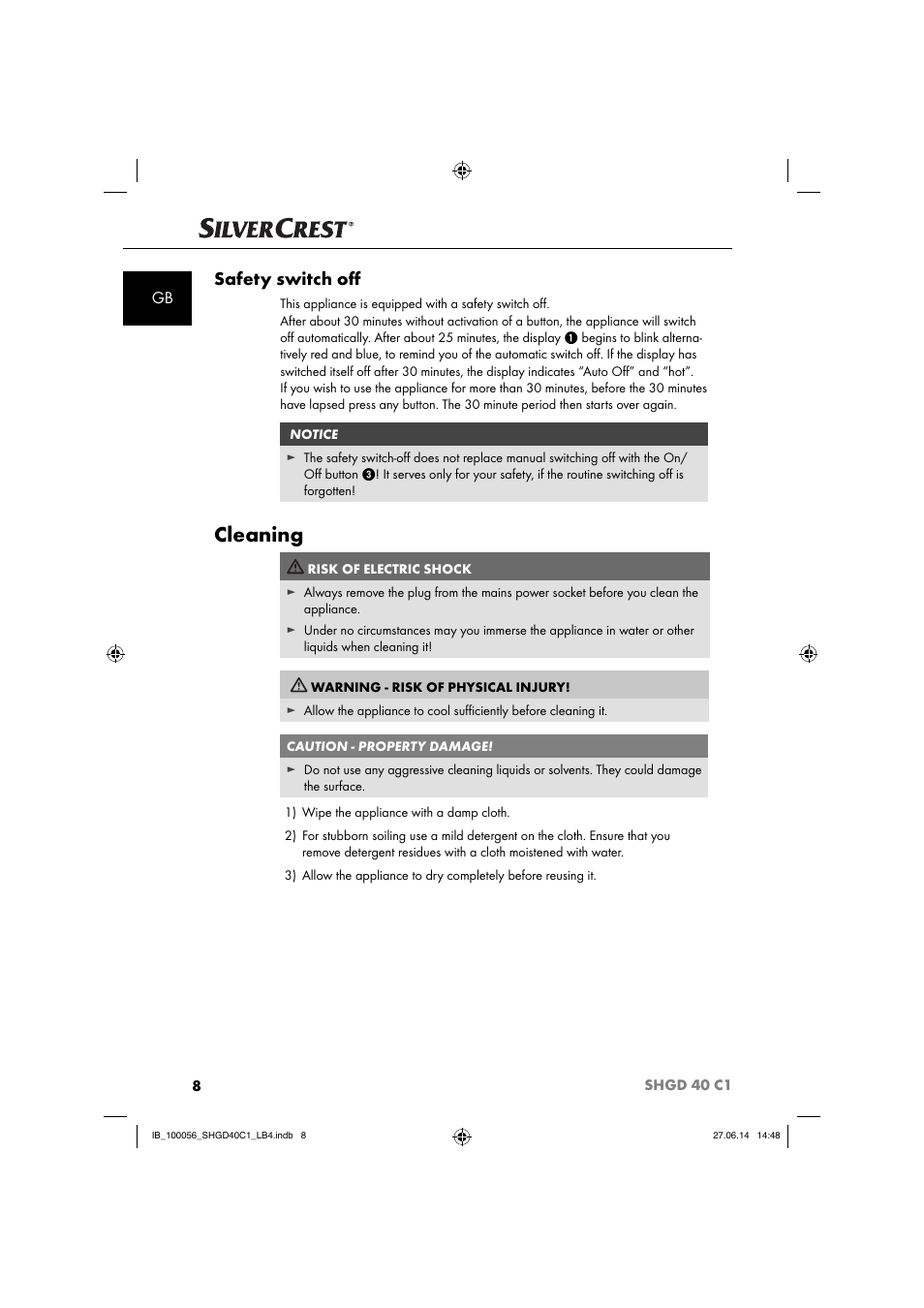 Cleaning, Safety switch oﬀ | Silvercrest SHGD 40 C1 User Manual | Page 11 / 63